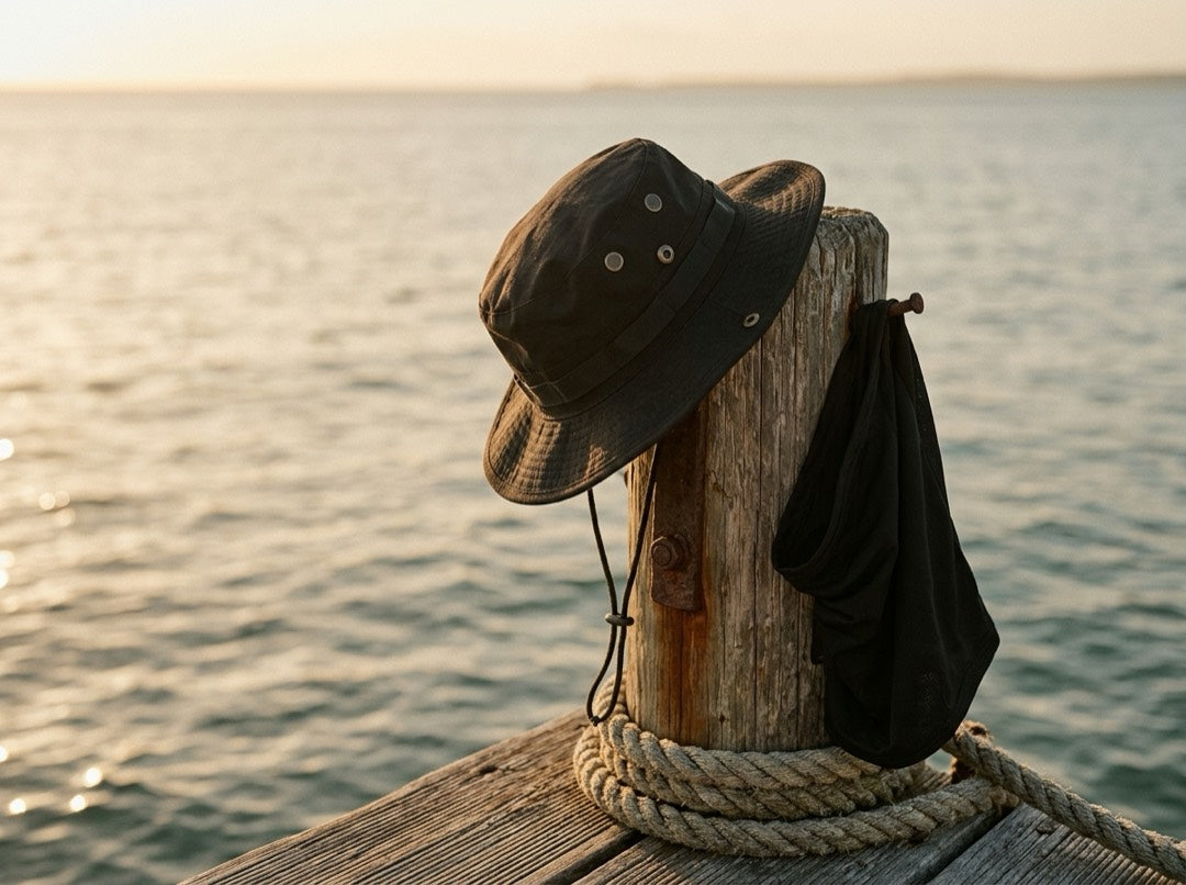 The ESCUDO hat hanging on a dock at sunset