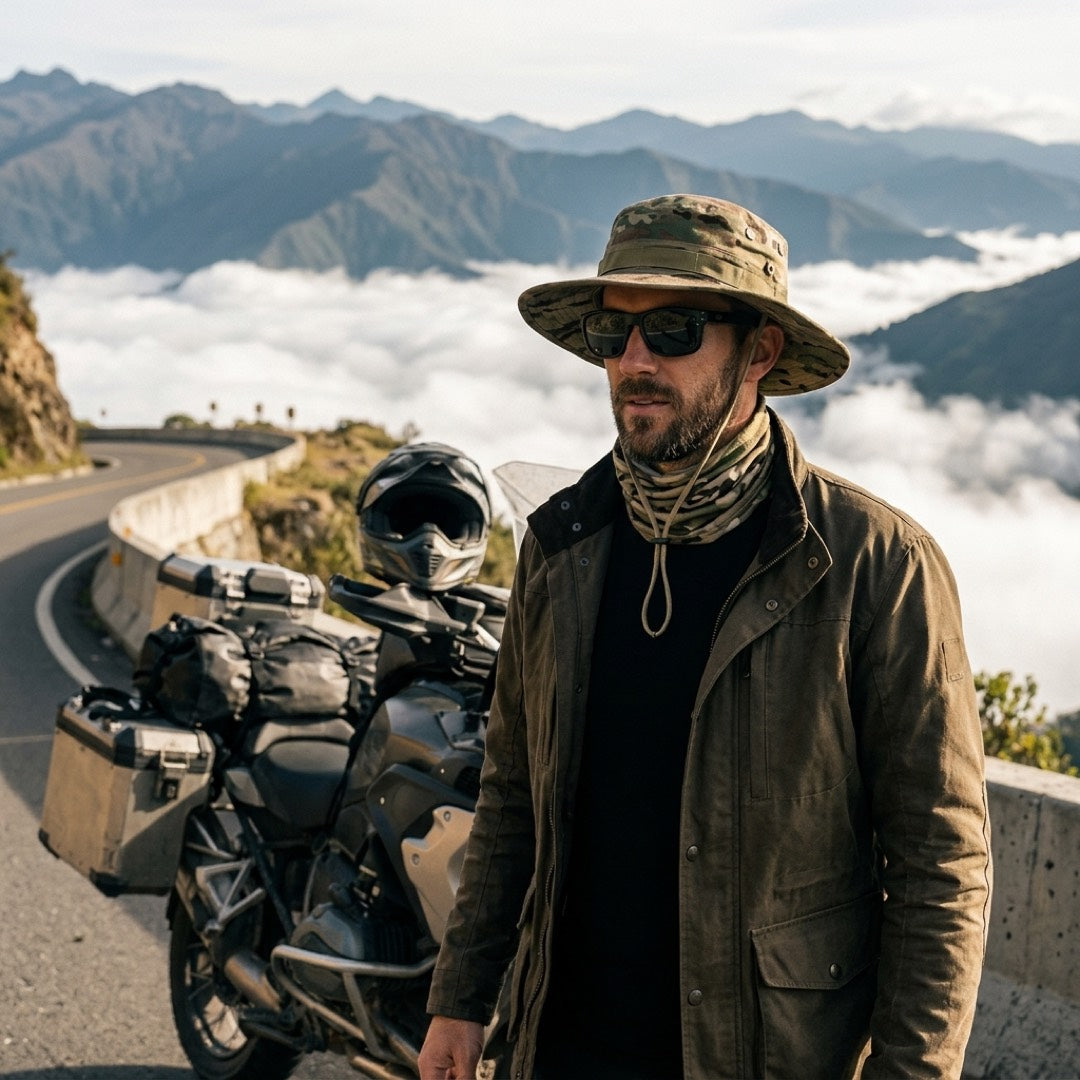 Motorcycle rider in the mountains wearing the multicam ESCUDO hat
