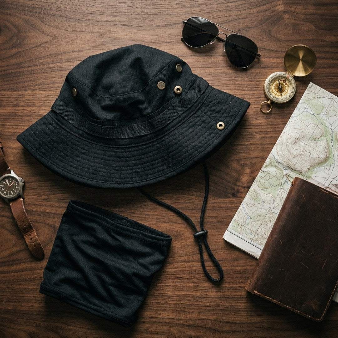 The black ESCUDO hat and its neck gaiter