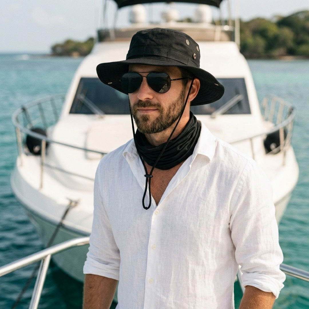 Man on a yacht wearing the black ESCUDO hat and neck gaiter