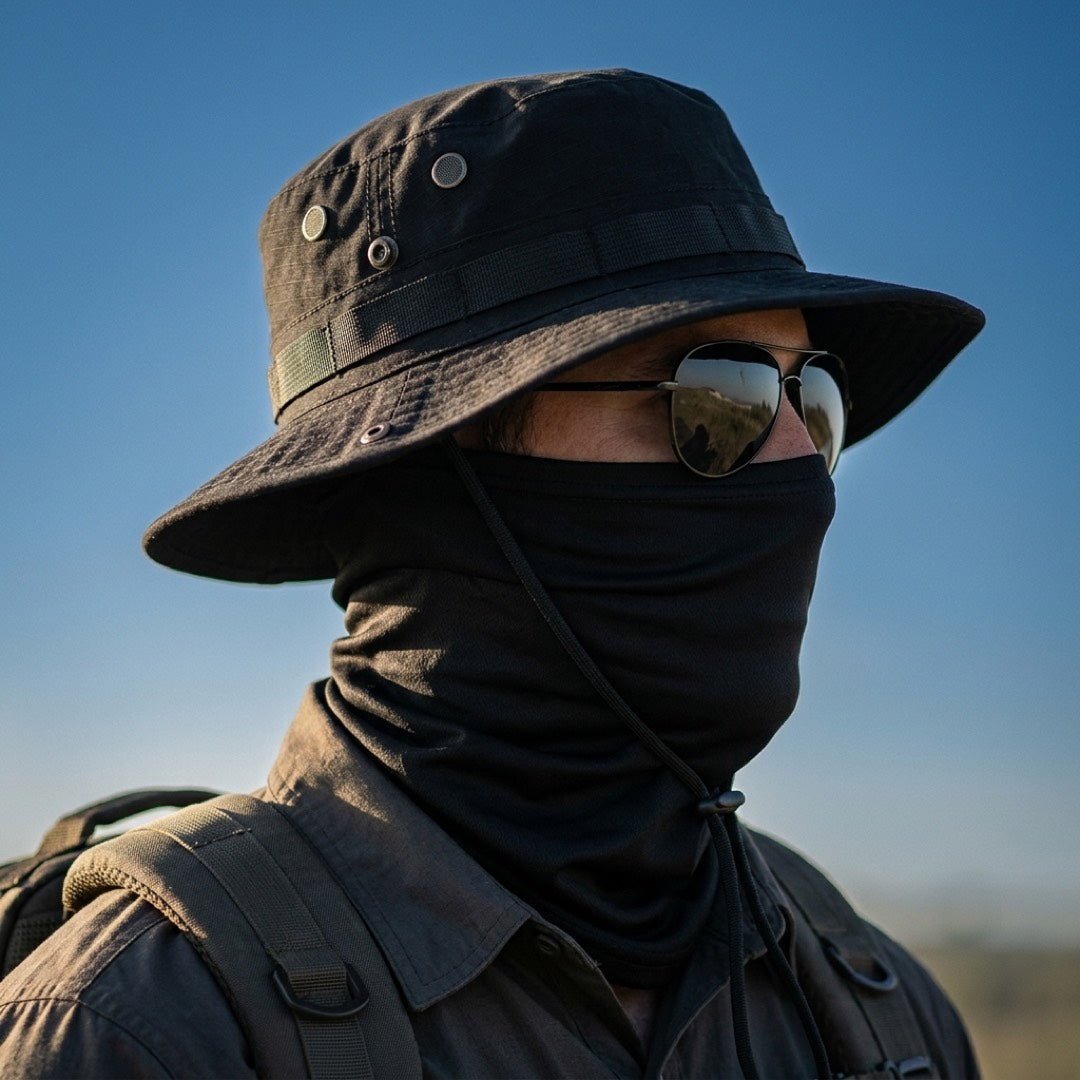 Side view: vent eyelets, hat band and the gaiter pulled up to the nose